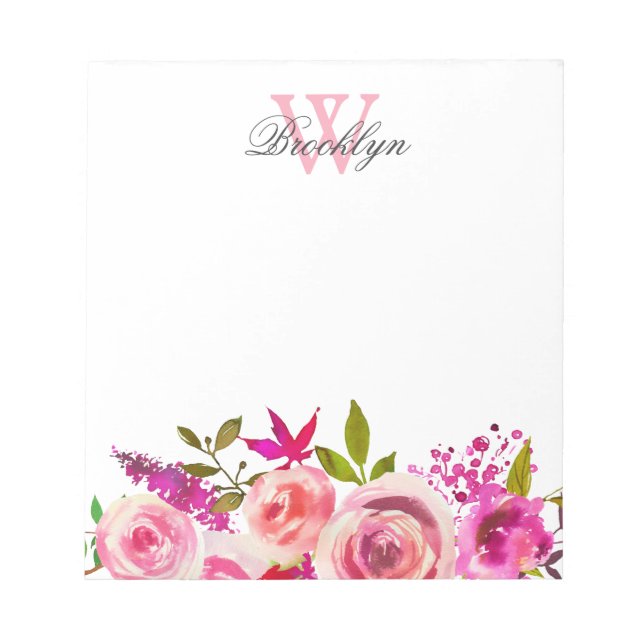 Bloc-note Jardin rose vif Rose chaud Floral Note Monogramme (Devant)