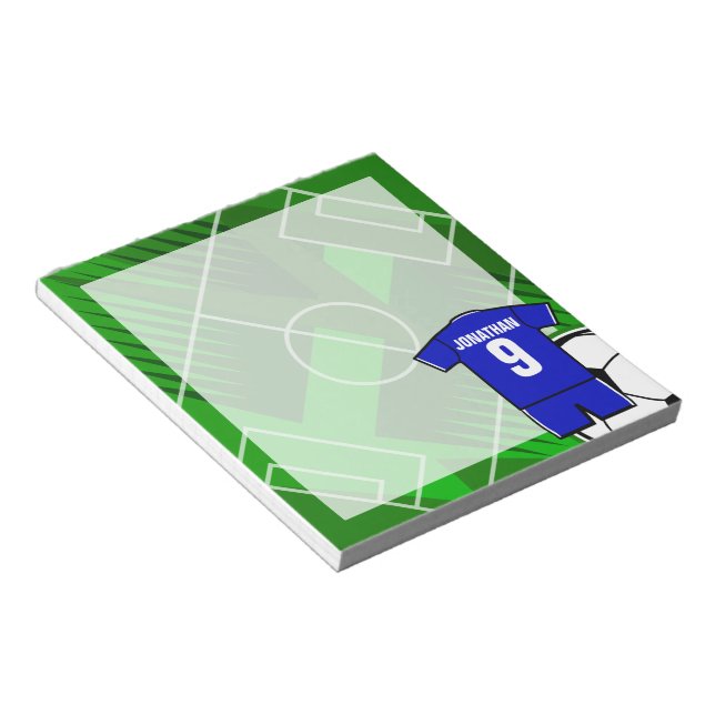 Bloc-note Jersey de soccer personnalisé bleu avec blanc (Incliné)