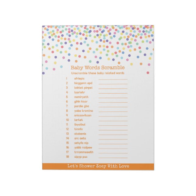 Bloc-note Jeu de Baby shower Confetti Scramble Word (Tourné)