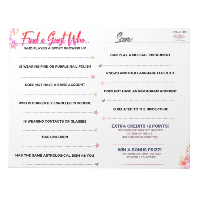 Bloc-note Jeu de Fête des mariées de Carla "Trouvez un invit (Devant)