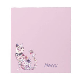 Bloc-note Joli Chat Floral Roses Cœurs Violets Roses