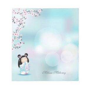 Bloc-note Kokeshi Doll rose Turquoise Monogramme