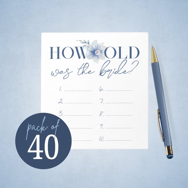 Bloc-note L'Âge De La Feuille De Réponse Du Jeu De Mariée (Blue Watercolor Floral How Old Was the Bride Bridal Shower Game Answer Sheets - Pack of 40 Games)