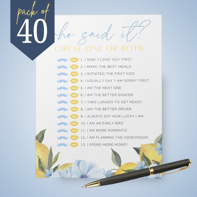 Bloc-note Lemon He Said She Said Shower Game Pack (Main Squeeze Lemon and Blue Flower Guess Who Said It Bridal Shower Game Pack of 40 Games)