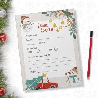 Bloc-note Lettre au Père Noël - Bonhomme de neige d'hiver