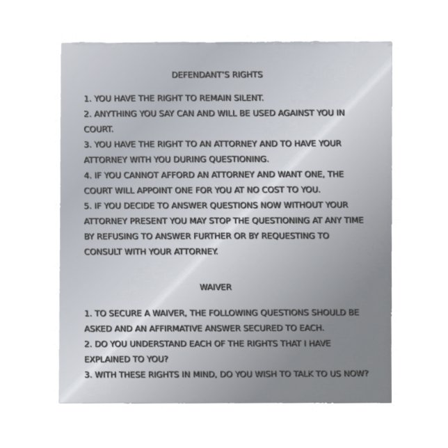 Bloc-note Ligne Bleue Mince et droits Miranda Avertissement  (Devant)