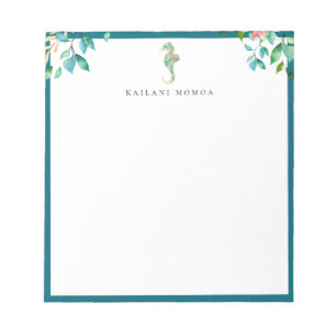 Bloc-note Logo de hippocampe floral botanique cadre bleu
