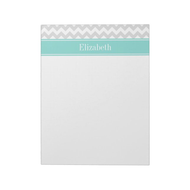 Bloc-note Lt Gris Chevron Blanc ZigZag Aqua Monogramme Nom (Tourné)
