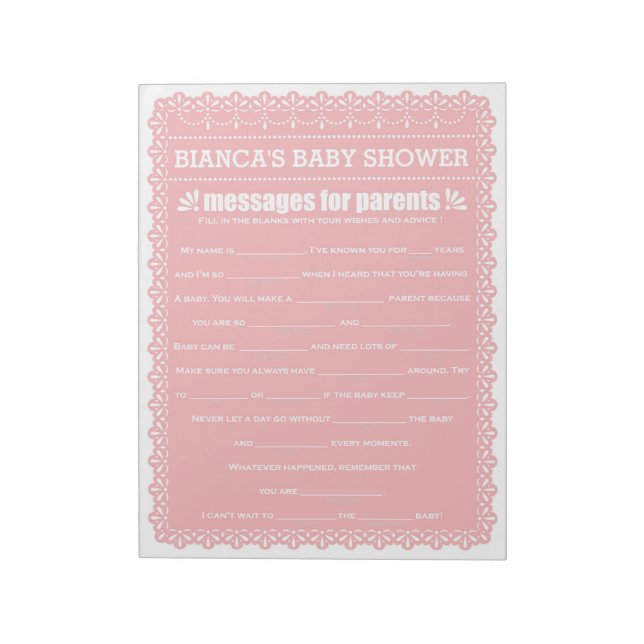 Bloc-note Message pour les parents Pink Papel Picado Baby sh (Tourné)