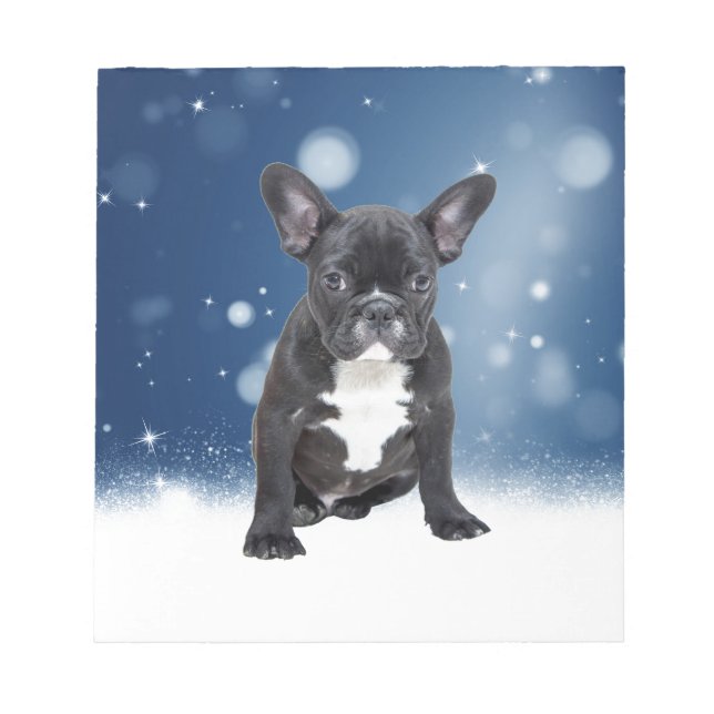 Bloc-note Mignonne French Bulldog Etoiles de neige Bleu Noël (Devant)