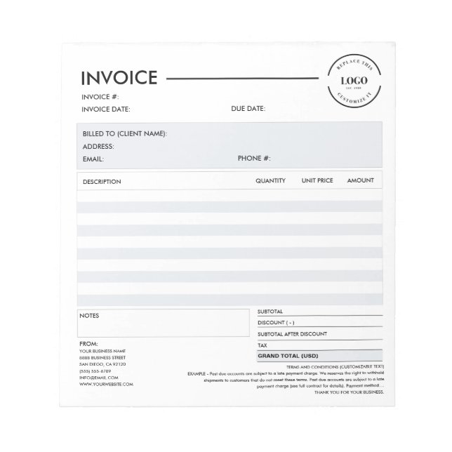 Bloc-note Minimalist Custom Business Invoice Sales Receipt (Devant)