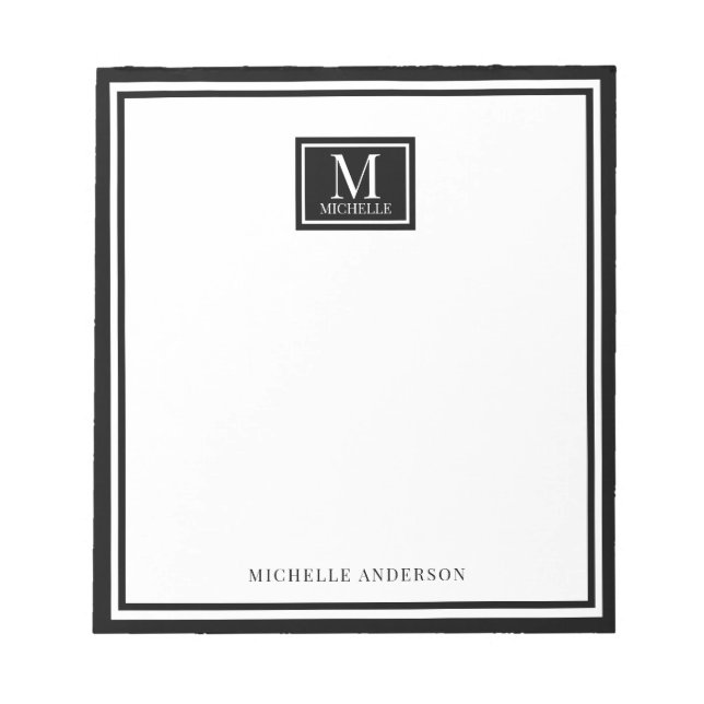 Bloc-note Minimalist Two Boarder Monogram Name Black White (Devant)