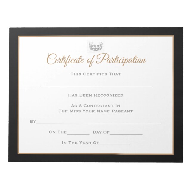 Bloc-note Miss USA style Pageant Certificats-Participation (Devant)
