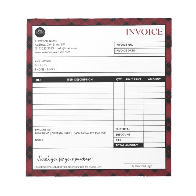 Bloc-note Modèle de facture commerciale frontière minimale (Devant)