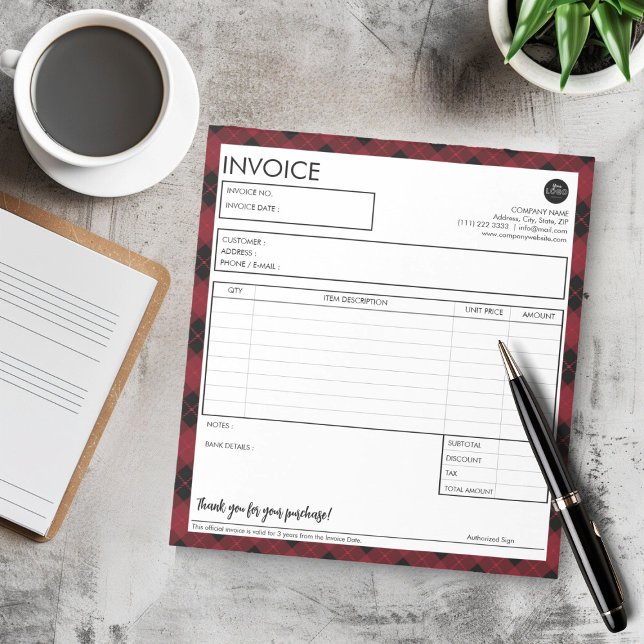 Bloc-note Modèle de facture simple avec une bordure à carrea (Minimalist Red Plaid Border Business Invoice Template Notepad)