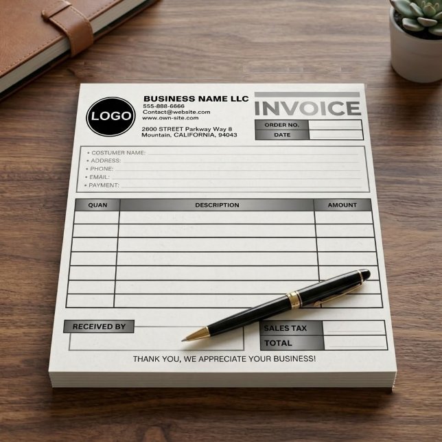 Bloc-note Modèle de formulaire de vente de facture commercia (custom silver logo invoice pad, black white business receipt book, custom small business sales form)