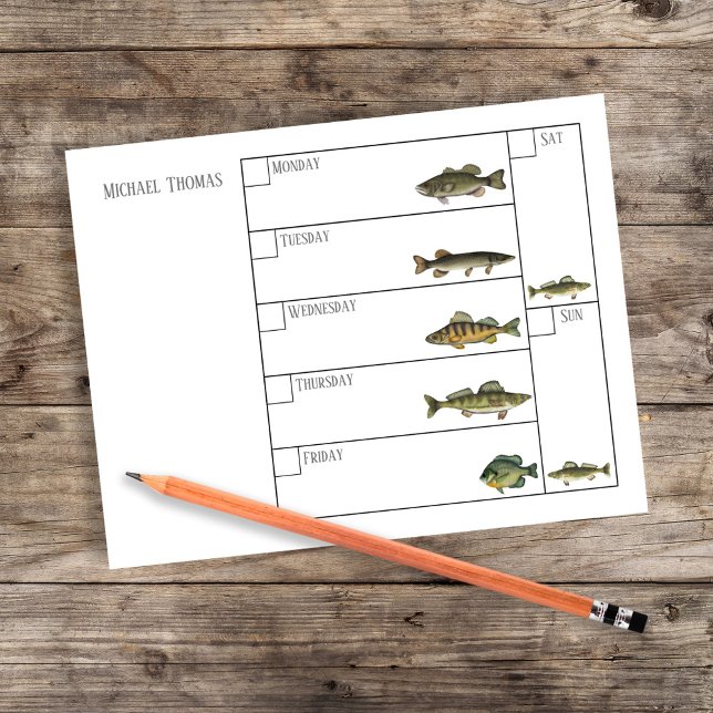 Bloc-note Modern Simple Fisherman Fish Weekly Calendar (Fishing weekly calendar. with the days of the week and freshwater fish.)