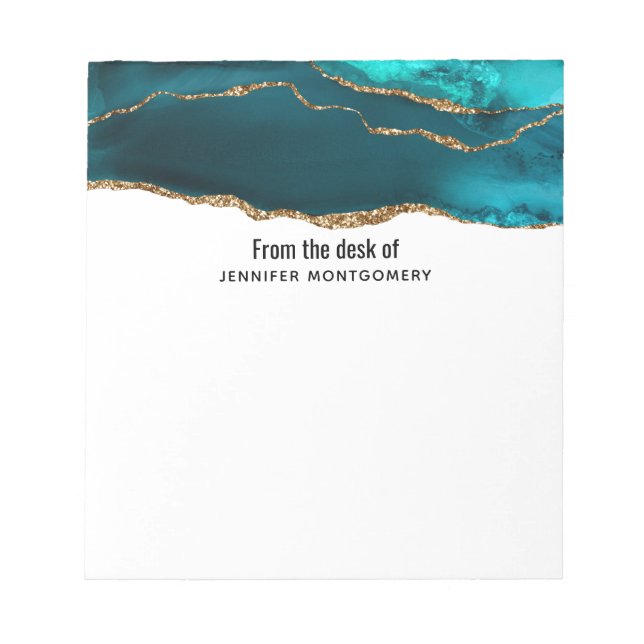 Bloc-note Moderne Design Turquoise & Or Agate sur blanc (Devant)