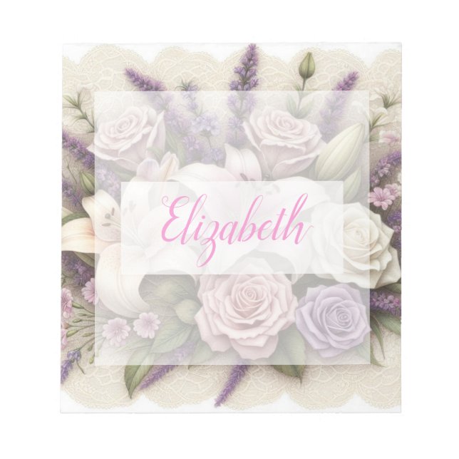 Bloc-note Monogram lace floral purple roses lavender lilies  (Devant)
