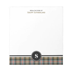 Bloc-note Monogramme bronzage de plaid de tartan antique de