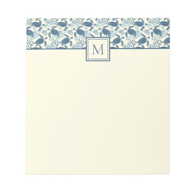 Bloc-note Monogramme de tortue de mer bleu et crème (Devant)
