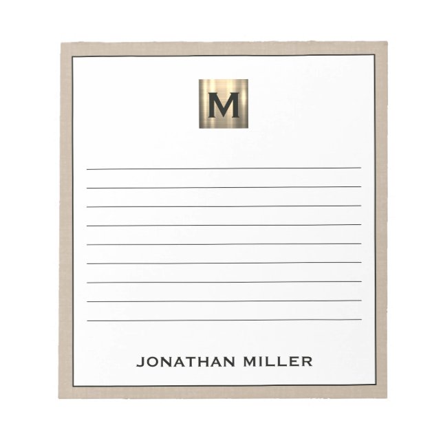 Bloc-note Monogramme d'or en lin beige personnalisé (Devant)