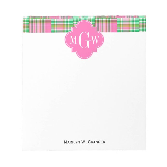 Bloc-note Monogramme Emerald Hot rose Preppwork Madras (Devant)