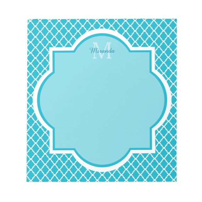 Bloc-note Monogramme et nom de Quatrefoil bleu turquoise cla (Devant)