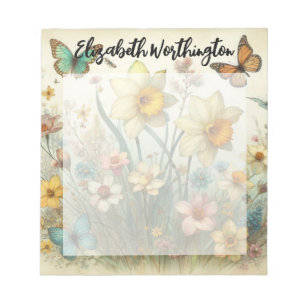 Bloc-note Monogramme et nom sur fleurs aquarelles vintage 