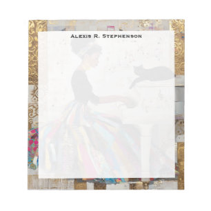 Bloc-note Monogramme feuille d'or femme noire pianiste et ch