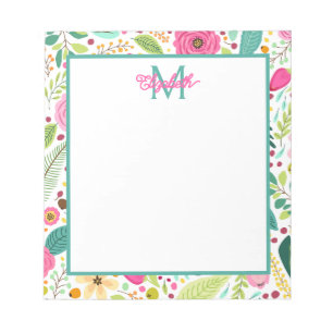 Bloc-note Monogramme floral rose et Turquoise au printemps