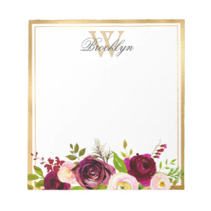Bloc-note Monogramme floral rose rose de Bourgogne botanique