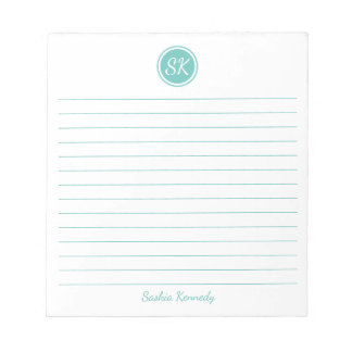Bloc-note Monogramme linéaire d'aqua simple et élégant Nom