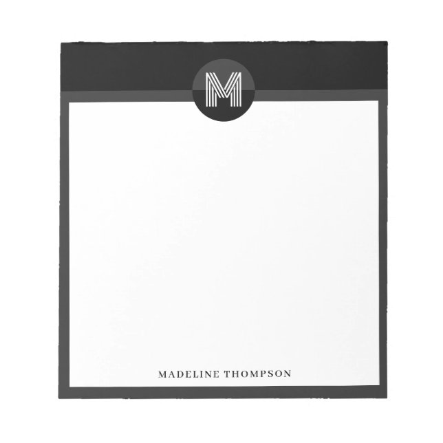 Bloc-note Monogramme Moderne Géométrique Noir Gris Blanc Uni (Devant)