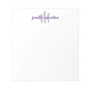 Bloc-note Monogramme moderne Initiale, Gris Violet Personnal