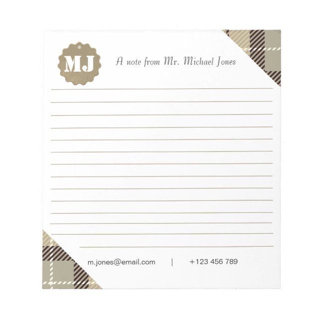 Bloc-note Monogramme professionnel élégant Script Tartan (Devant)