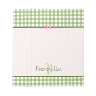 Bloc-note Monogramme vert Girly de guingan avec le nom