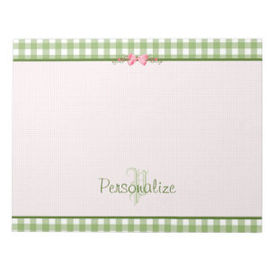 Bloc-note Monogramme vert Girly de guingan avec le nom