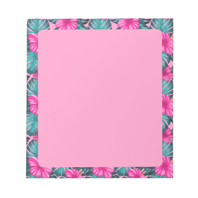 Bloc-note Monstera Feuilles et Hibiscus, Turquoise et rose (Devant)