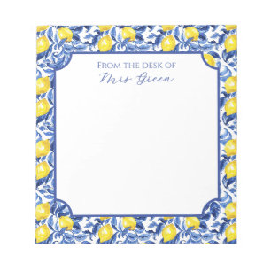 Bloc-note Motif de citron en aquarelle bleue avec monogramme