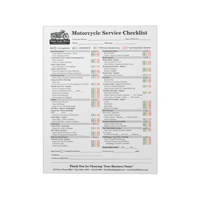 Bloc-note Motorcycle Service Checklist 8.5x11 (Tourné)
