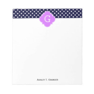 Bloc-note Navy Blanc pois lilas Quatrefeuilles Monogramme