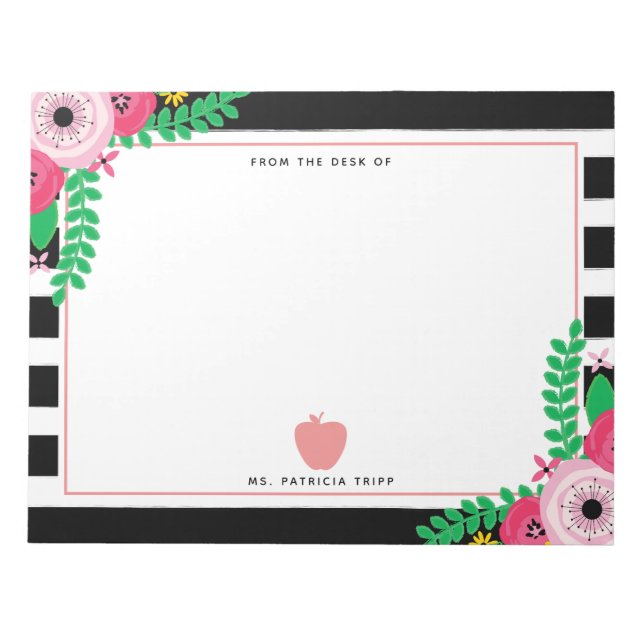Bloc-note Noir + Blanc Rayures florales Pomme rose Enseignan (Devant)