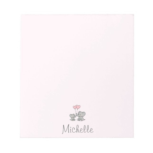Bloc-note Nom personnalisé Cute Elephant Maman & Baby Pink (Devant)