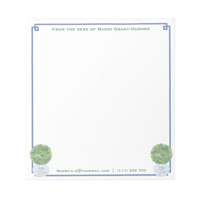 Bloc-note Note de | Chic Bleu Clé grecque Boxwood Topiary (Devant)