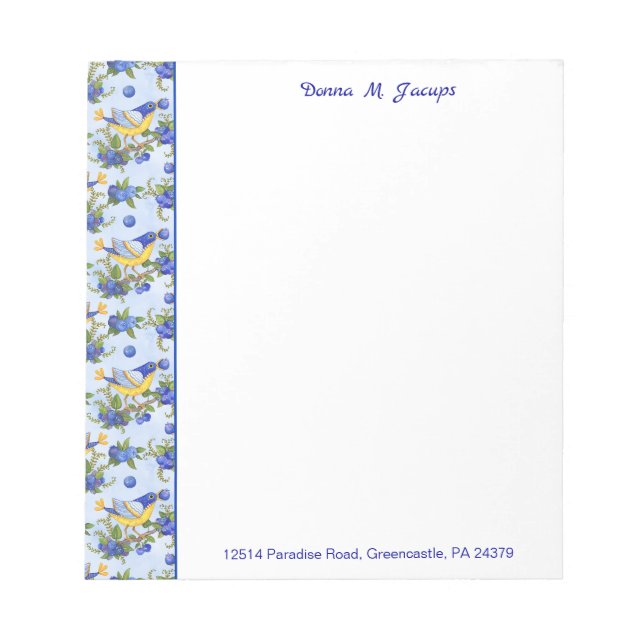 Bloc-note NOTE PAD Oiseaux bleuets jaune bleu PERSONNALISÉ (Devant)