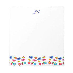 Bloc-note Oiseaux et fleurs printemps motif blanc