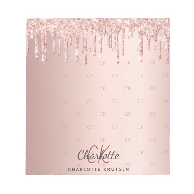 Bloc-note Or rose gouttes monogramme initiales nom (Devant)