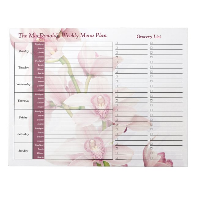 Bloc-note Orchid rose Planificateur de repas personnalisé he (Devant)