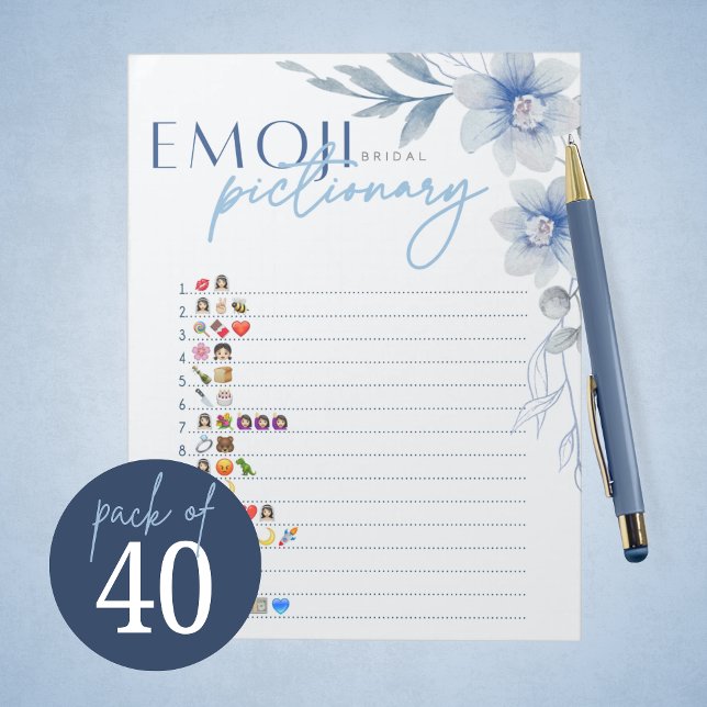 Bloc-note Pack de jeu de Fêtes des mariées Blue Emoji Pictio (Blue Watercolor Floral Bridal Pictionary Game Pack of 40 Games for Something Blue Bridal Shower)
